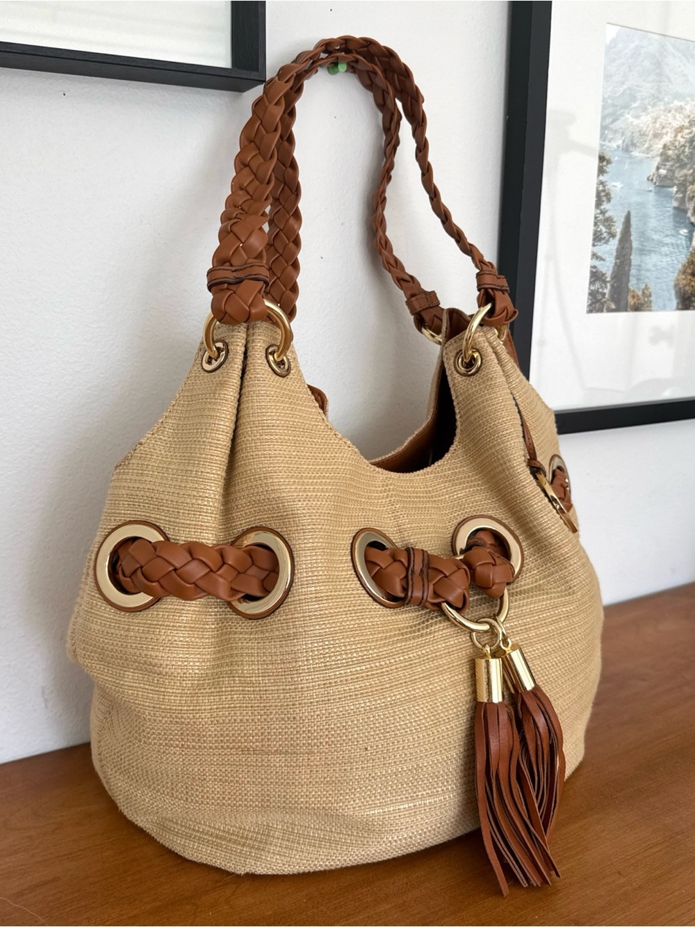 Michael Kors Large Braided Raffia Shoulder Bag in Natural/Tan - Picture 4 of 9